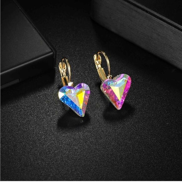 14K Yellow Gold with Iridescent AB Austrian Crystal Heart Leverback Earrings - Picture 3 of 5